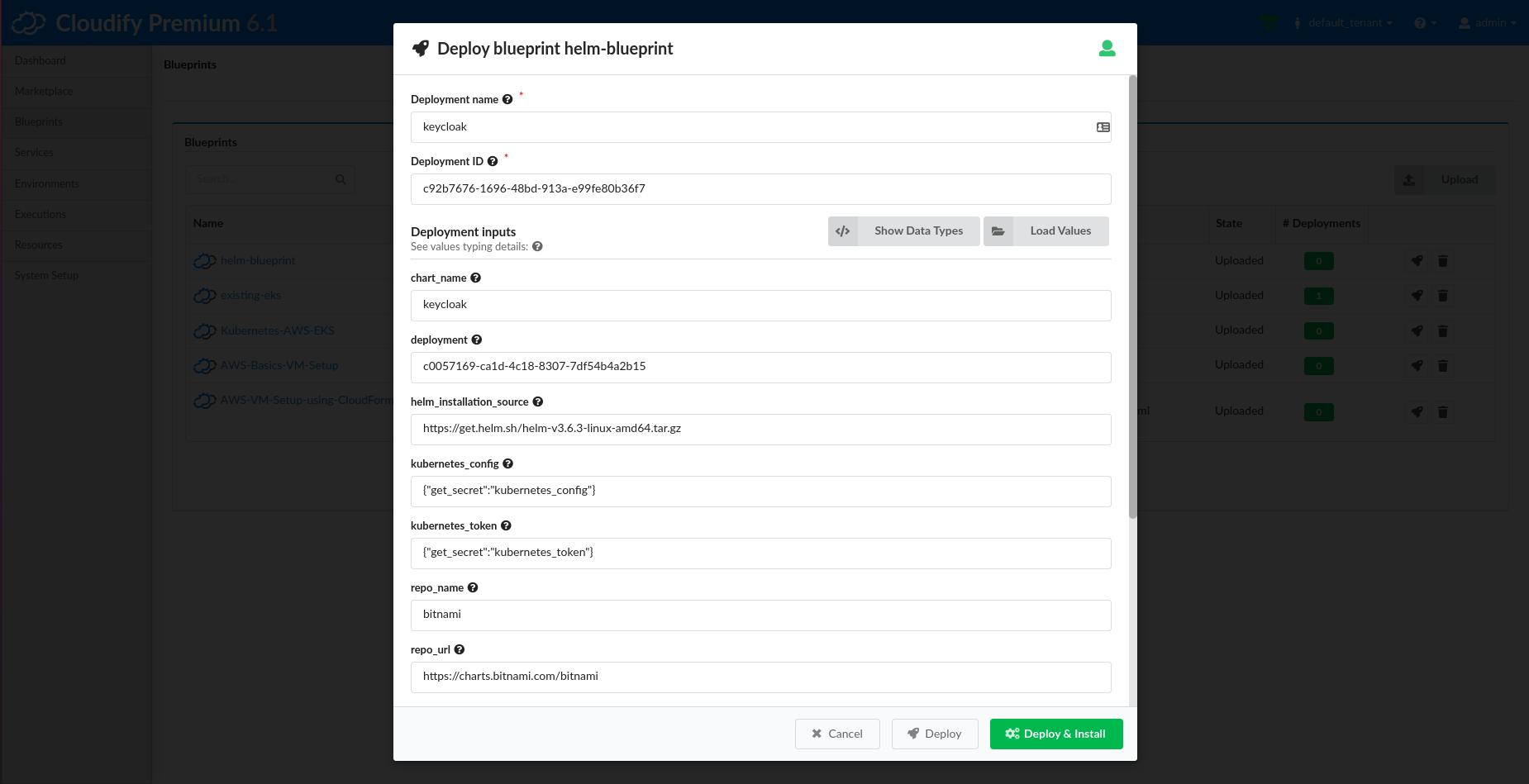 Helm deployment inputs